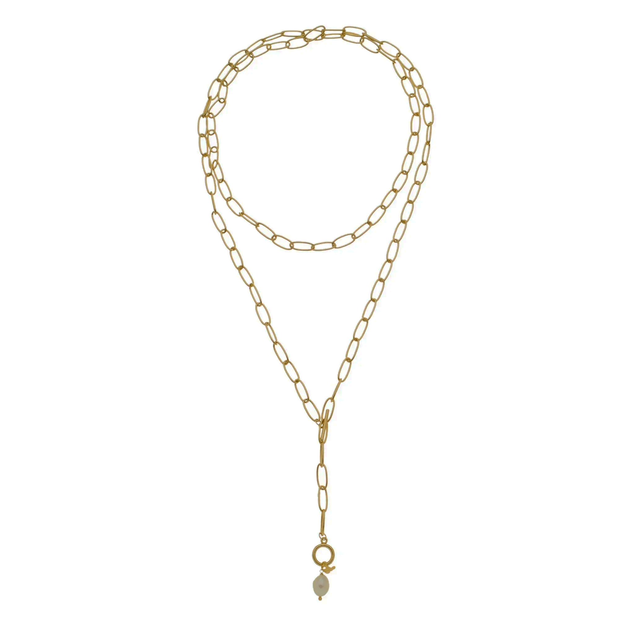 41 inch 18K gold plated paper clip chain with freshwater pearl  toggle clasp by Sai Brazil
