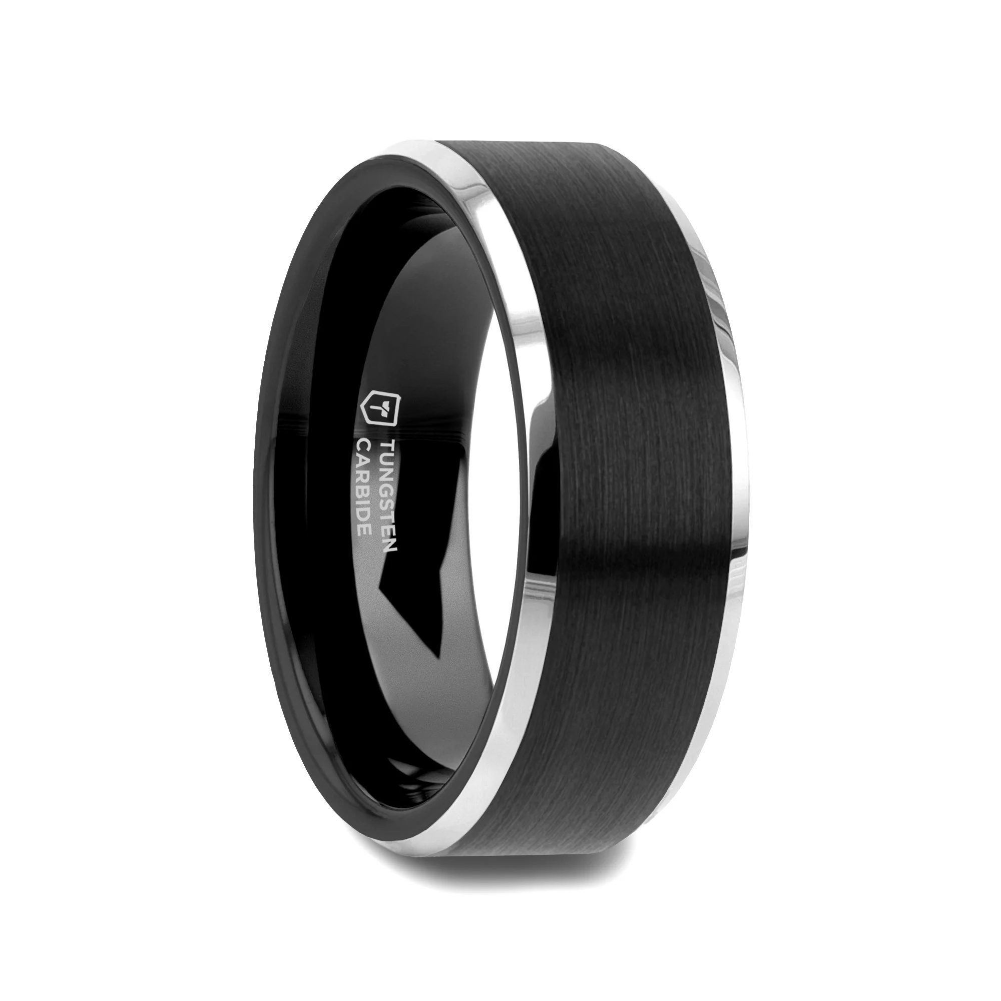 ASTON 8MM Black Brushed Center with Polished Beveled Edges Tungsten Ring by Thorsten, Size 9.5