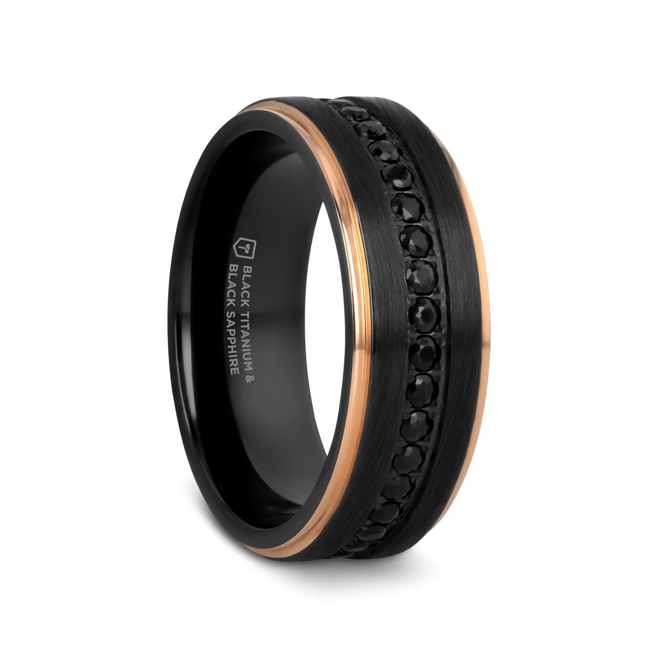 ASTRO 8mm Flat Brushed Black Titanium Ring with Rose Gold Plated Edge and Black Sapphire Settings All Around, size 10