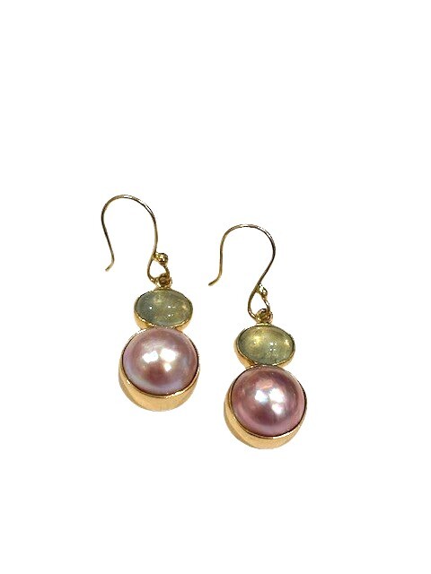 Alchemia 14mm pink Mabe Pearl and Quartz french wire earrings by Charles Albert.