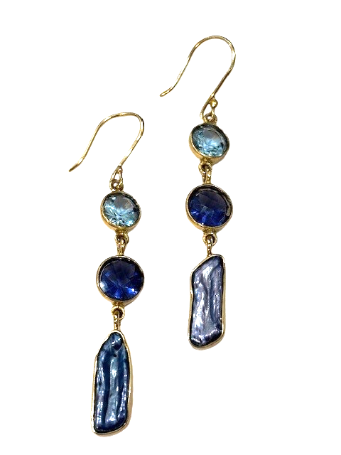 Alchemia 2 3/4 long faceted round Blue Topaz, faceted round lab grown Tanzanite and dyed Biwa Pearl french wire earings by Charles Albert 
