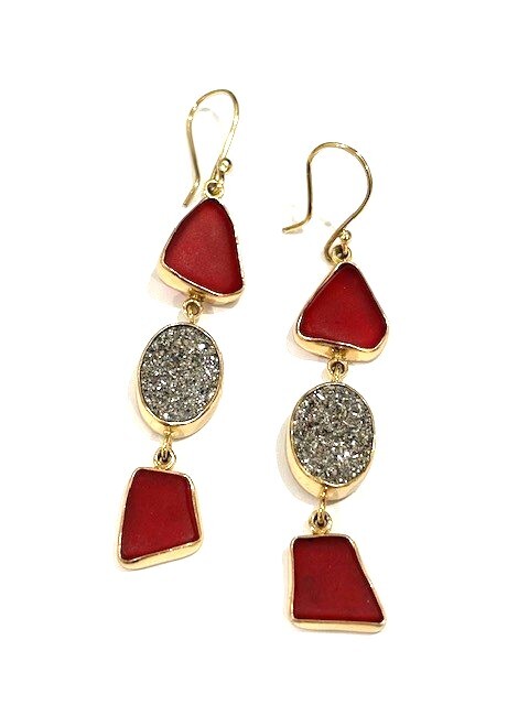 Alchemia recycled red glass with oval druzy 2 3/4 drop french wire earrings by Charles Albert