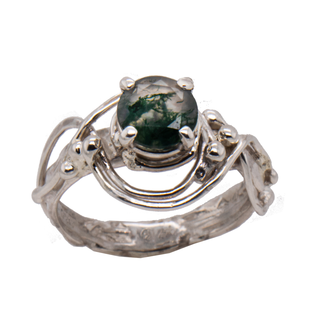 Argentium & Continuum Silver 0.94ct Moss Agate torch fusion and seaweed ring, size 7 1/2
