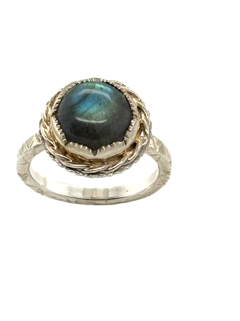 Argentium Sterling Silver rope bezel 10mm round Labradorite crosshatch ring, size 8.5 made by Randy Snider