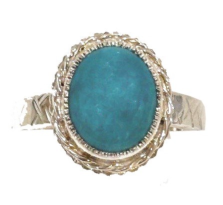 Argentium Sterling Silver rope bezel 12.04 x 9.95 x 4.04 mm Persian Turquoise crosshatch ring, size 8 made by Randy Snider
