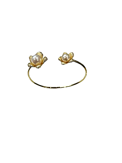 Gold Plated Sterling Silver .62ctw Lassaire diamonds with round cultured freshwater pearl dual flower bangle bracelet made by Lafonn.