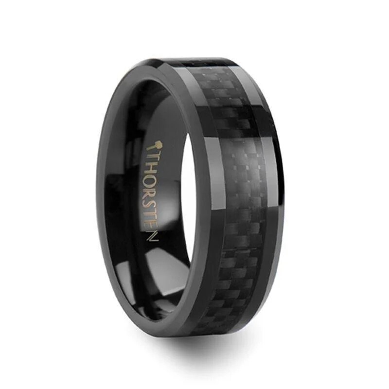 ONYX Black Carbon Fiber Inlaid Black Ceramic Wedding Band - 8mm, size 10 