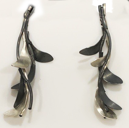 Oxidized Sterling Silver 2 1/4 inch long dangle leaves post earrings by Amber Beata