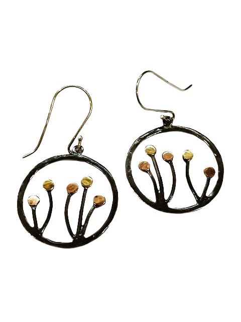 Oxidized Sterling Silver, 9K rose and yellow gold plated flower field in 25mm circle french wire earrings
