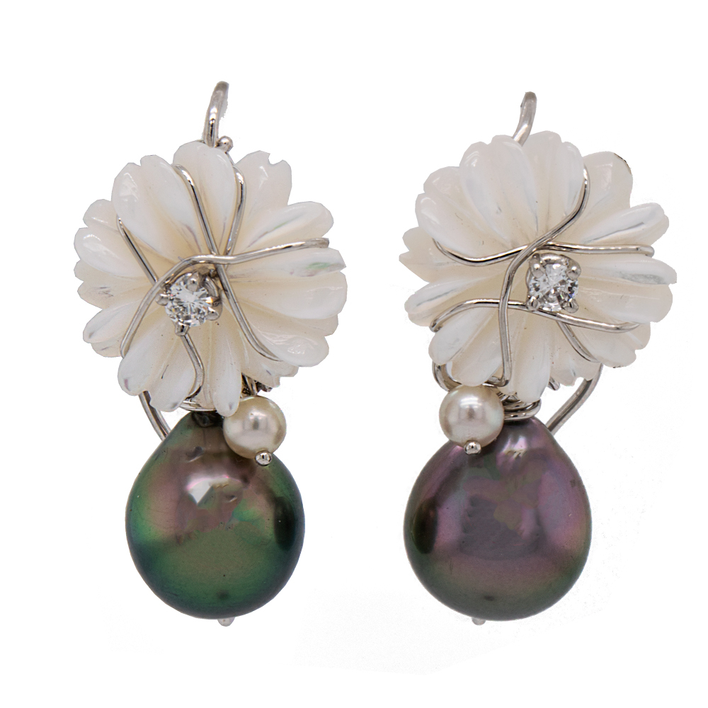 Platinum 12x10 mm Tahitian baroque black pearls french wire earrings with mother-of-pearl hand carved daisy flowers, round brilliant diamonds, & silver grey pearls