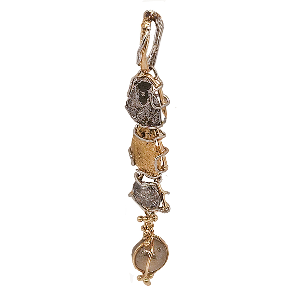 Platinum & 18ky Campo De Cielo Meteorite, Alaskan Placer Nugget, Dirty Diamond, & undrilled ball Diamond seaweed wrap mini rock slide pendant made by Carol Kessler for JBG Legacy