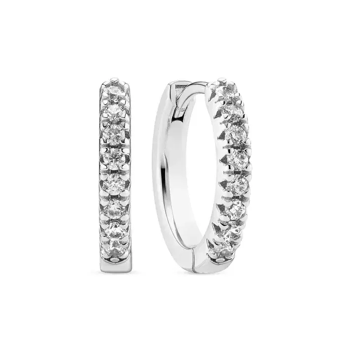 Rhodium Sterling Silver 14mm x 2mm handset faceted Zircon Ellera reversible click hoop earrings made by Sif Jakobs
