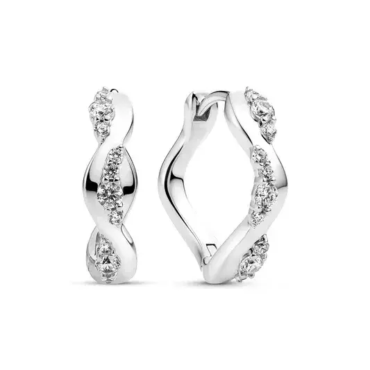 Rhodium Sterling Silver 16.5mm x 3.2mm faceted white zirconia Ellera Waves reversable click hoop earrings made by Sif Jakobs