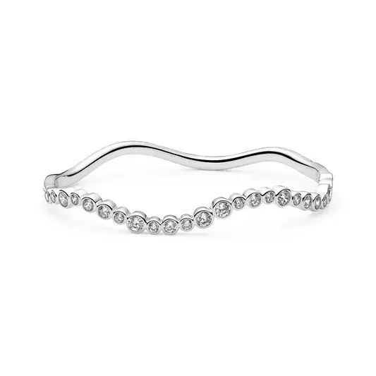 Rhodium Sterling Silver handset white zirconia locking hinge polished wave bangle made by Sif Jakobs 