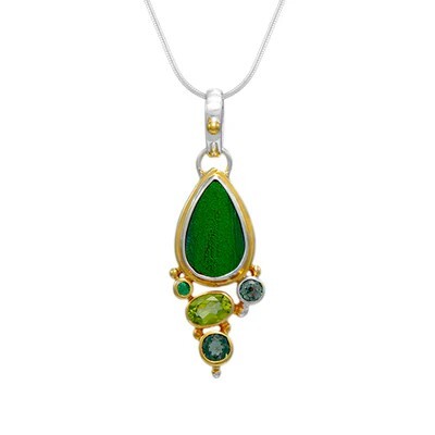 SS 22K gold vermeil beetle wing, black MOP, Emerald, Peridot, Delicious and Envy Topaz necklace 