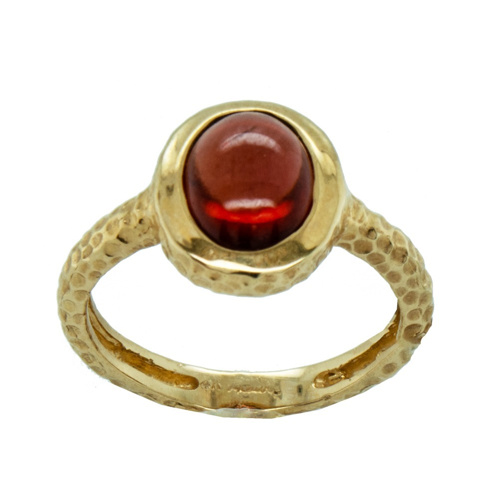 Size 6.5 14K Y 9x7 Cabochon Garnet hammered ring by Frank Reubel.