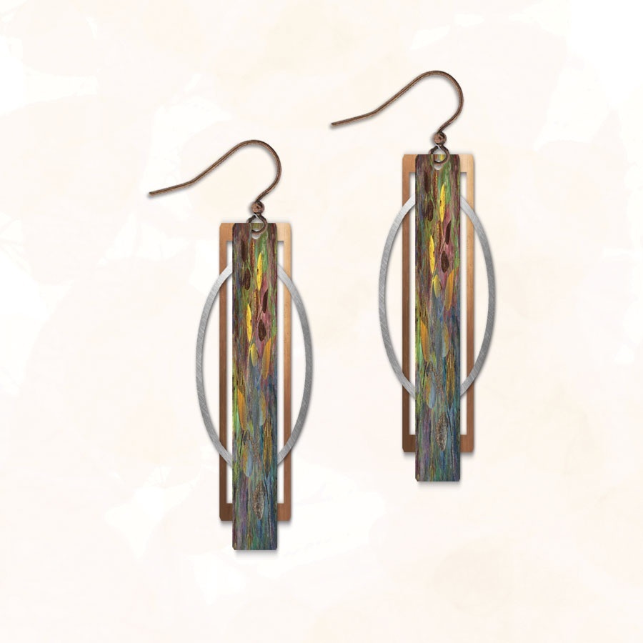 Stainless Steel and hypoallergenic copper 1/2 x 1 1/2  giclee printed geometric design by Illustrated Light.