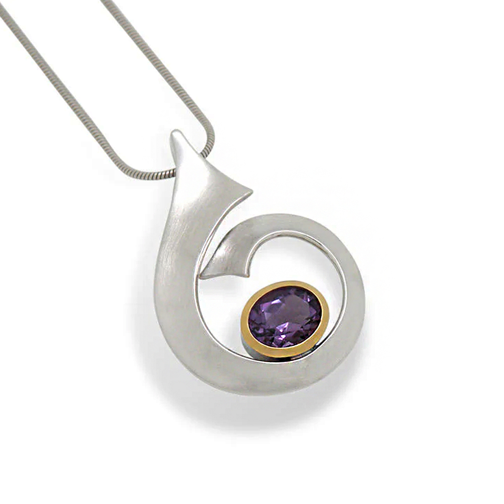 Sterling Silver 11x9mm oval Amethyst matte finish circle ribbon pendant by Joryel Vera