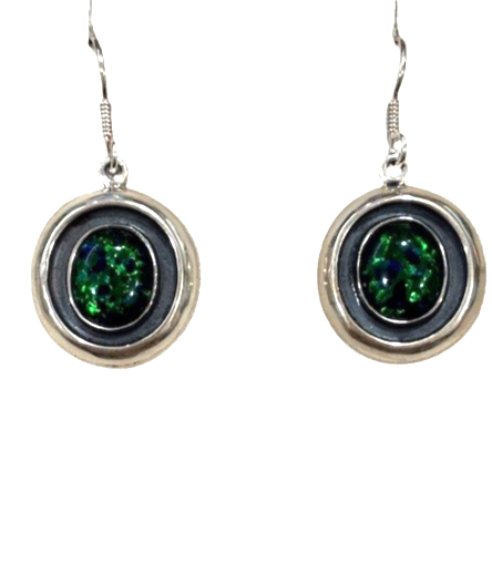 Sterling Silver 20mm round lab created blue/green opal french wire earrings made by Charles Albert
