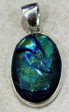 Sterling Silver 21x31mm blue, green, yellow Dicroic glass bezel set pendant by Charles Albert.