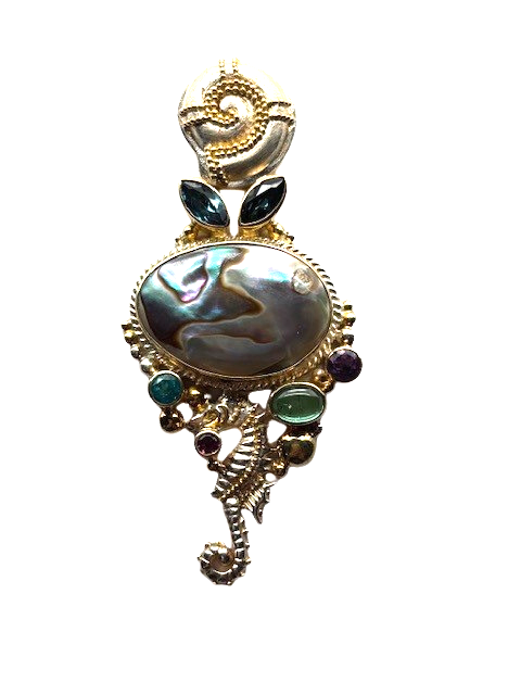 Sterling Silver 22K Gold Vermeil Abalone Shell, Amethyst, Green Tourmaline, Pink Tourmaline, Paraiba Tourmaline Seahorse pendant by Michou 