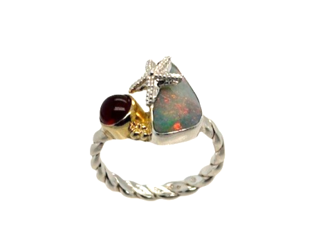 Sterling Silver 22K Gold Vermeil Cabochon Pink Tourmaline and Opal OOAK twist ring size 9 by Michou 
