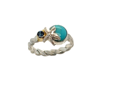 Sterling Silver 22K Gold Vermeil Turquoise and Blue Topaz OOAK twist ring size 7 by Michou 