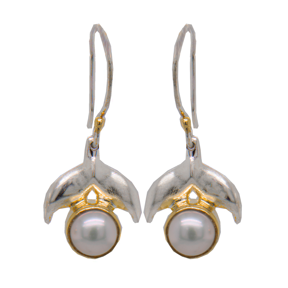 Sterling Silver 22K Gold Vermeil freshwater pearl whale tail french wire earrings made by Michou