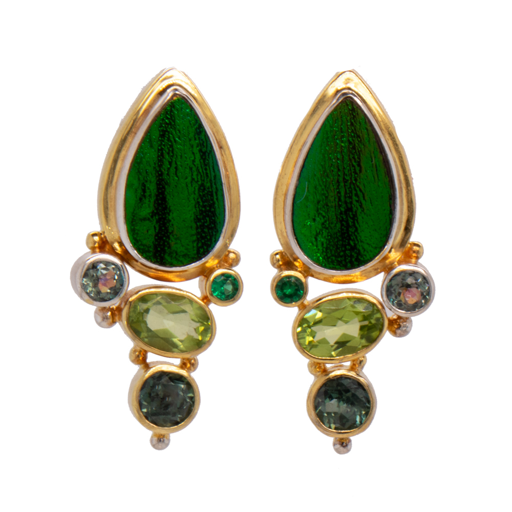 Sterling Silver 22K gold vermeil Jewel Beetle Wing, round faceted Emerald, oval faceted Peridot, round faceted delicious topaz and round faceted Envy Topaz post earrings by Michou