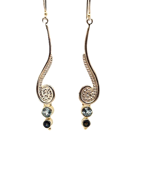 Sterling Silver 22K gold vermeil Swiss Blue Topaz & Trendy Solo Topaz fern coil french wire earrings by Michou