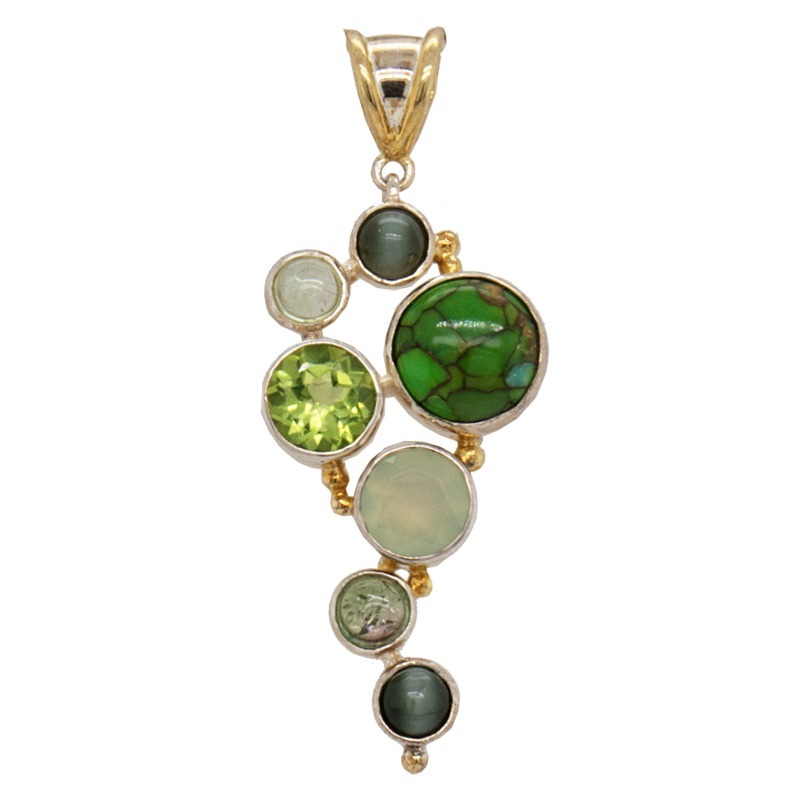 Sterling Silver 22K gold vermeil bezel set faceted and cabochon Green Tourmaline, Peridot, Phrenite, Scapolite, Turquoise, bubbles pendant by Michou.