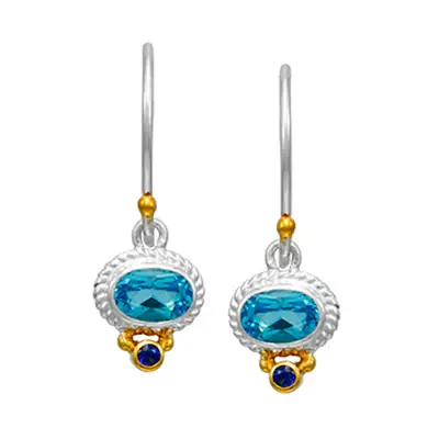 Sterling Silver 22K gold vermeil faceted round baby blue topaz and sapphire french wire earrings by Michou 