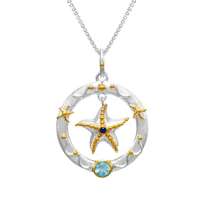 Sterling Silver 22K gold vermeil faceted round baby blue topaz and sapphire starfish pendant by Michou 