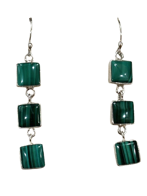 Sterling Silver 2 1/2 triple Malachite drop french wire earrings by Charles Albert