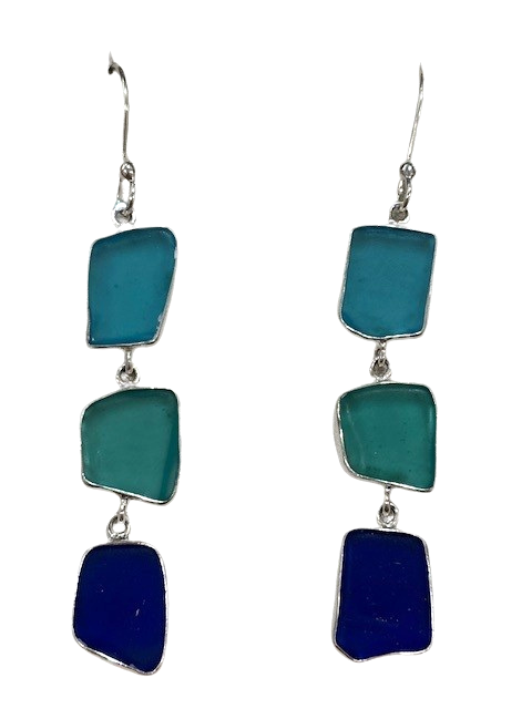 Sterling Silver 2 3/4 drop cobalt blue, aqua and green recycled glass french wire earrings by Charles Albert 