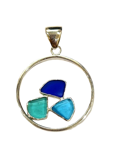 Sterling Silver 41mm Aqua, Cobalt, Blue sea glass pendant made by Charles Albert 