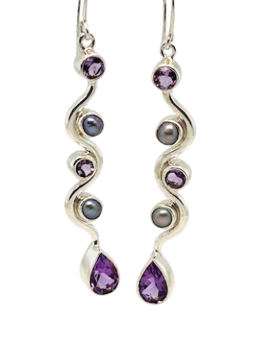 Sterling Silver 4.4mm black freshwater pearls, faceted Amethyst  2 1/2 french wire drop earrings