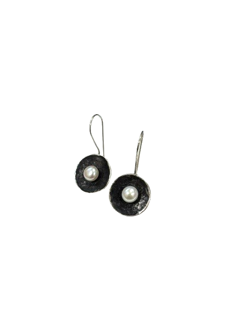 Sterling Silver Oxidized white pearl locking french wire earrings made by Ithil Metal Works 