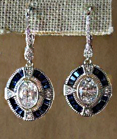 Sterling Silver Platinum 4.48cttw Baguette Oval Art Deco Lab created blue sapphire lever back earrings by Lafonn.