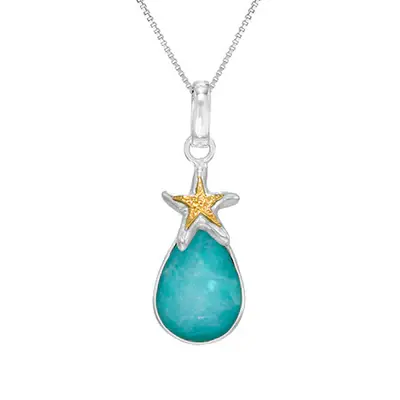 Sterling Silver and 22K Gold Vermeil Amazonite, checkerboard cut crystal quartz, Mother of Pearl starfish pendant necklace made by Michou