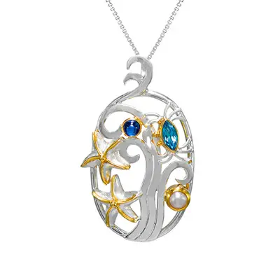 Sterling Silver and 22K Gold Vermeil Crab and Starfish with Baby Blue Topaz, Blue Kyanite and White Freshwater Pearl pendant/necklace