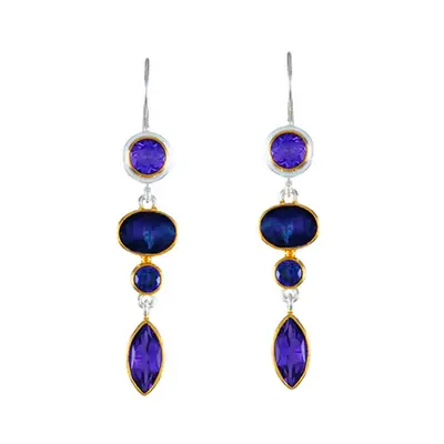Sterling Silver and 22K Gold Vermeil Earring with African Amethyst, Mother of Pearl + onyx + checkerboard cut crystal quartz and Trendy Solo Topaz french wire earrings made by Michou 