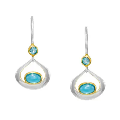 Sterling Silver and 22K Gold Vermeil Earring with faceted Baby Blue Topaz, cabochon Bleu Topaz french wire earrings