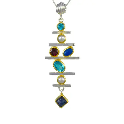 Sterling Silver and 22K Gold Vermeil Pendant with Blue Agate, Baby Blue Topaz, painted Rainbow Moonstone, White Freshwater Pearl and Rhodolite Garnet, made by Michou 