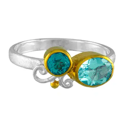 Sterling Silver and 22K Gold Vermeil with Baby Blue Topaz and Sky Blue Topaz size 8 ring made by Michou 