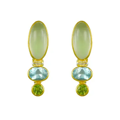 Sterling Silver and 22K Gold Vermeil with Peridot, Prehnite and Sky Blue Topaz post earring made by Michou 