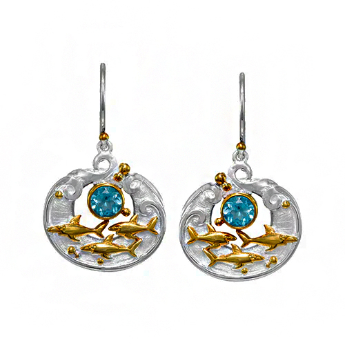 Sterling Silver and 22K gold vermeil round faceted blue topaz fish circle french wire earrings by Michou.