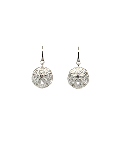 Sterling Silver white enamel sand dollar with White Sapphire french wire earrings by Nicole Barr