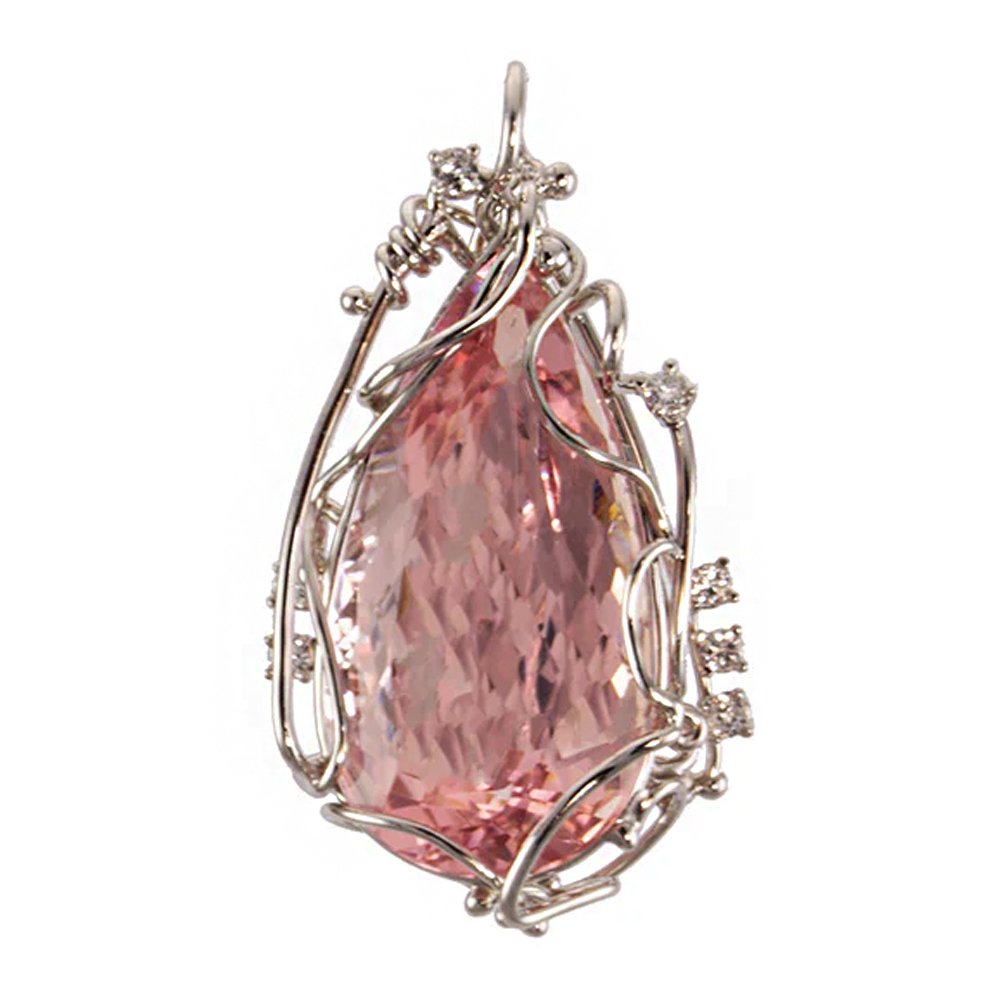 Platinum 35.96ct pear shaped Morganite with seven 0.32ct tw EF, VS2 round brilliant Diamonds in vine style pendant