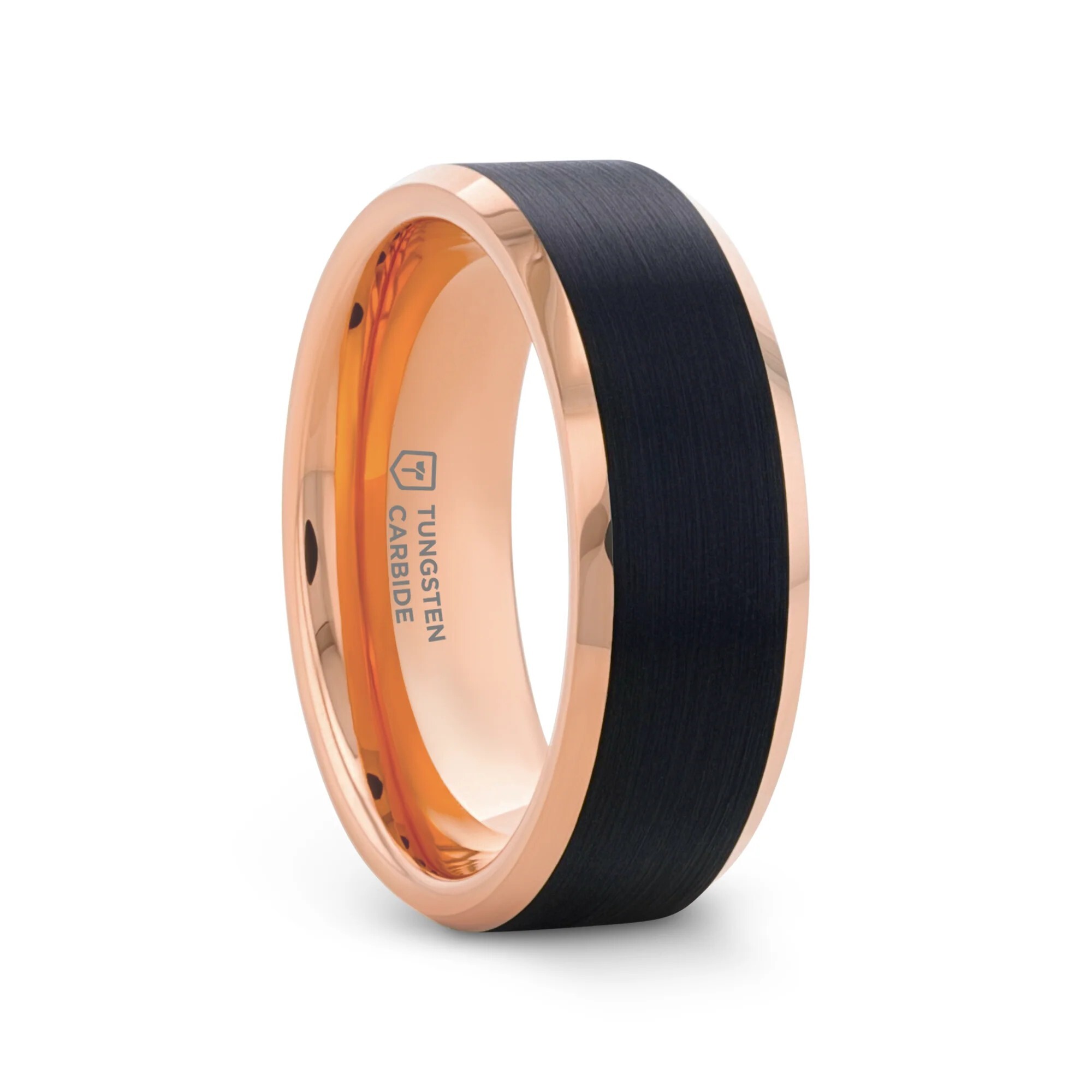 Hayden 8mm Rose Gold plated Tungsten polished beveled with brushed finish black center band by Thorsten, size 10